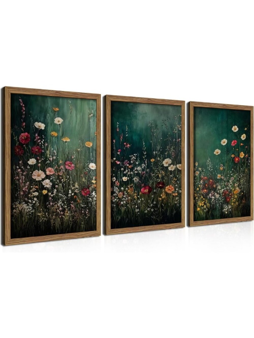 Set of 3 Vintage Floral Wall Art - Moody Green Botanical Decor for Living Room